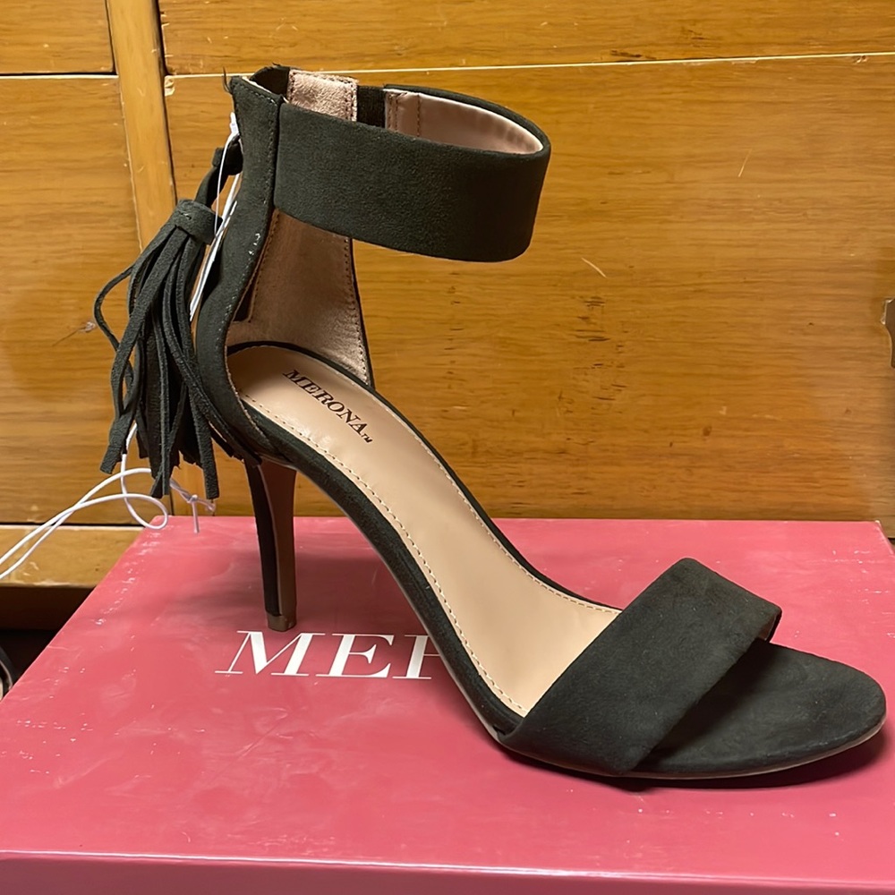 Never Worn - Merona Olive Open Toe Heels with Fringe (Size 7.5)